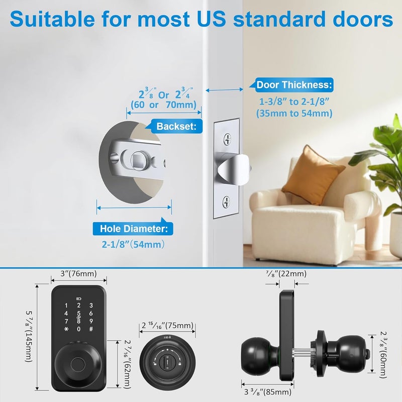 Linkthai Smart Door Lock with Knob, Keyless Entry Fingerprint Lock with Touchscreen Keypad, Electronic Knob Digital Lock for Front Door, Easy Installation - Image 4